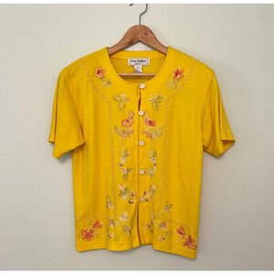 Vintage Lisa Ashley Womens Cardigan Small Yellow Floral Beaded Cottagecore 90s
